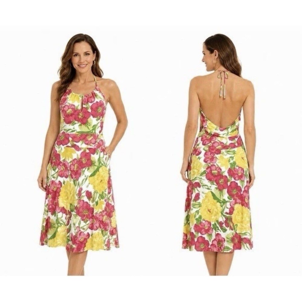 Ann Taylor Loft Silk Floral Halter Midi Dress Pink Yellow Open Back 2 Petite